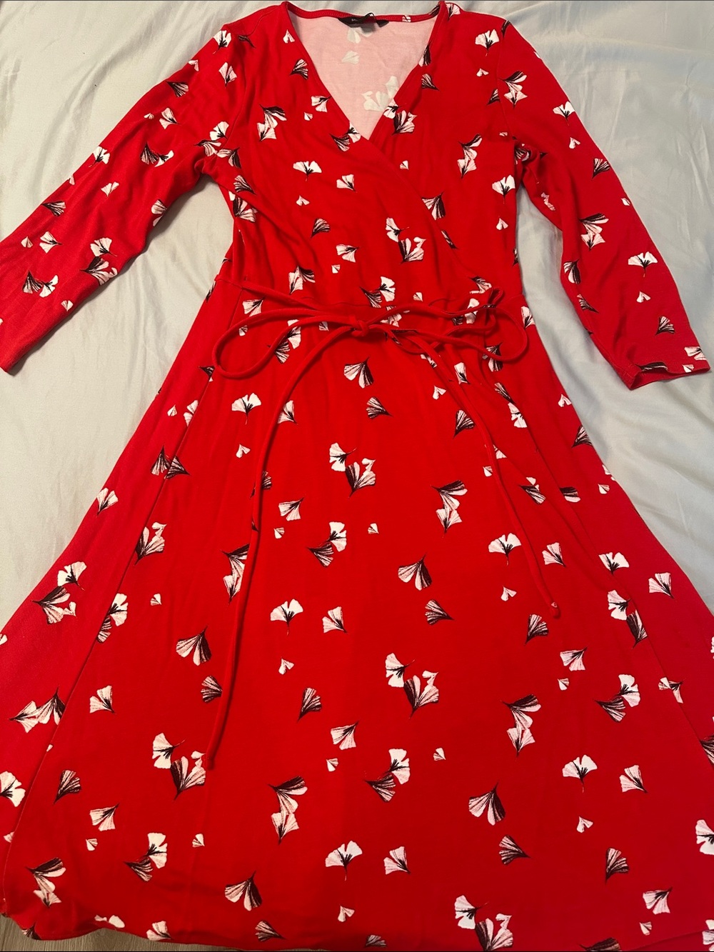 Banana Republic Red Long-Sleeve Wrap Dress with White & Black Floral Print